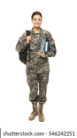 Pretty Female Cadet Of Military School On White Background