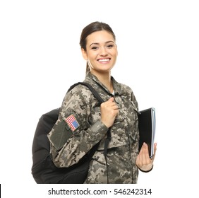 Pretty Female Cadet Of Military School On White Background