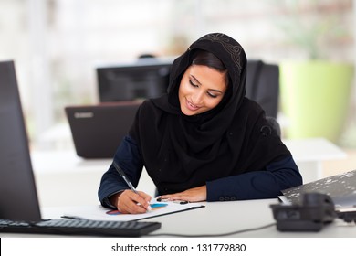 Pretty Female Middle Eastern Office Worker Working In Modern Office