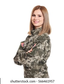 Pretty Female Soldier On White Background