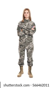 Pretty Female Soldier On White Background