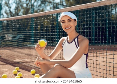 Pretty female tennis player resting after the game and looking contented - Powered by Shutterstock