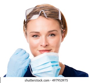 Pretty female woman doctor nurse dental hygienist with safety glasses mask and gloves isolated on white background