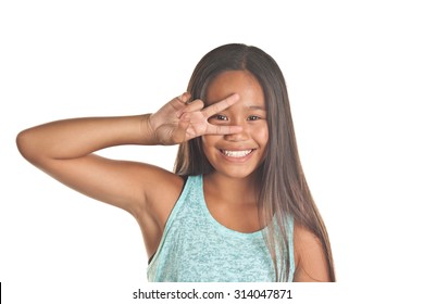 Pretty Filipino girl with a peace sign over one eye    Image isolated on white 