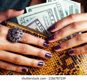 Pretty Fingers Of African American Woman Holding Money Close Up With Purse, Luxury Jewellery On Python Clutch, Cash For Gifts