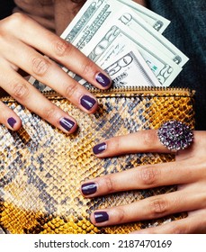 Pretty Fingers Of African American Woman Holding Money Close Up With Purse, Luxury Jewellery On Python Clutch, Cash For Gifts