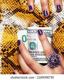 Pretty Fingers Of African American Woman Holding Money Close Up With Purse, Luxury Jewellery On Python Clutch, Cash For Gifts