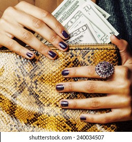 Pretty Fingers Of African American Woman Holding Money Close Up With Purse, Luxury Jewellery On Python Clutch, Cash For Gifts