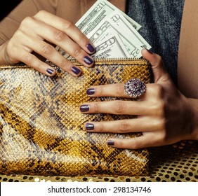 Pretty Fingers Of African American Woman Holding Money Close Up With Purse, Luxury Jewellery On Python Clutch, Cash For Gifts Manicure