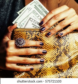 Pretty Fingers Of African American Woman Holding Money Close Up With Purse, Luxury Jewellery On Python Clutch, Cash For Gifts