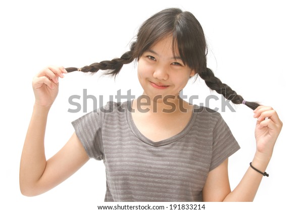 Pretty Funny Asian Girl Braids Stockfoto Jetzt Bearbeiten