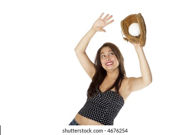 Pretty Girl Catching A Baseball With Her Mit With A Big Smile On Her Face