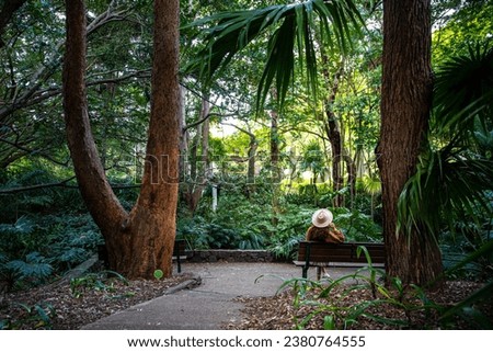 pretty girl in a fashionable hat contemplating unique nature in brisbane botanic garden, mount coot-tha, queensland, australia