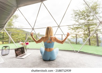 Pretty Girl In Glamping Tent, Snow Mountains On Background.