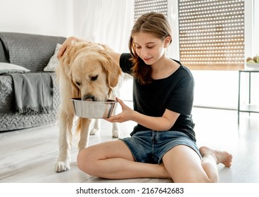 Pretty girl with golden retriever dog sitting on floor at home and holding bowl with water. Beautiful female teenager person with drinking doggy pet in light room