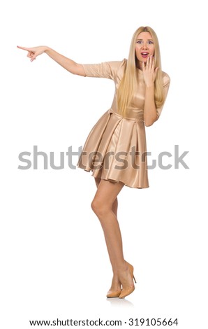 Pretty girl in satin mini dress isolated on white