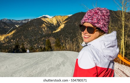 Pretty Girl Smiling On A Sunny Winter Ski Day In Red River , New Mexico , USA Editorial: December 23rd 2013