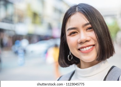 Pretty Girl Take A Selfie Portrait With Her Smartphone. Closeup Asian Beauty Woman Selfie Indoor. People Girly Lifestyle Technology Connection Social Online Network Blogger Concept