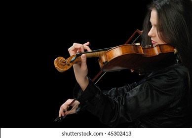 Pretty Girl With Violin Isolated On Black