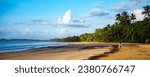 pretty girl walking on the beautiful, tropical beach, enjoying morning sun; mission beach in tropical north queensland, australia; paradise beach with palm trees and tropical plants