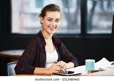 Pretty Girl In Working Process And Smiling, Work In Progress, Free Lance Concept, IT Specialist, Online Job.