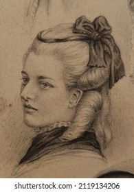 Pretty Girl Young Woman Banana Curls Portrait 19th Century Drawing