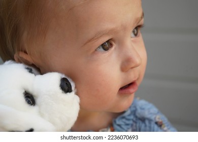 Pretty girl's face close-up. Little girl hugging a toy plush dog. - Shutterstock ID 2236070693