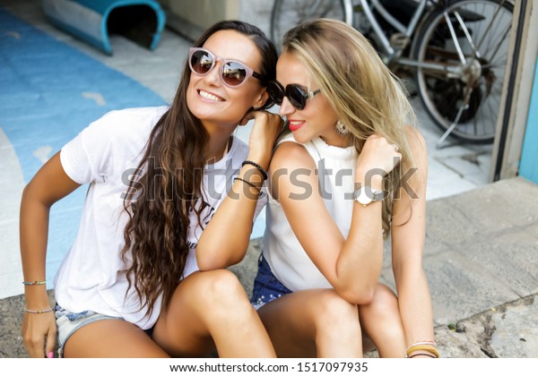 Pretty Girls Sitting Outdoor Under Summer Stock Photo Edit Now