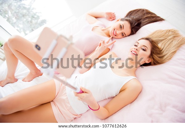 Pretty Girls White Pink Outfit Blonde People Stock Image