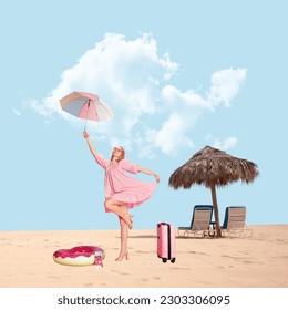 Pretty, happy, smiling young girl in cute pink dress standing on beach with suitcase. Island vacation. Contemporary art collage. Creative design. Concept of travelling, creativity, inspiration - Powered by Shutterstock