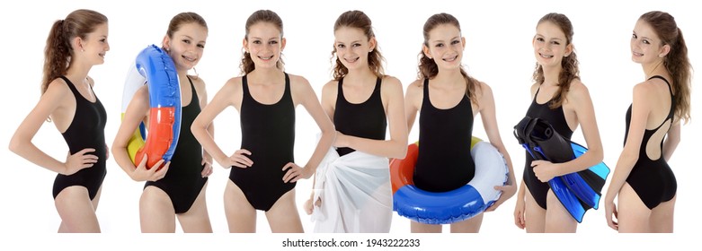 Pretty Happy Teenage Girl Wearing A Black One Piece Swimsuit As A Group Photo Montage In The Studio