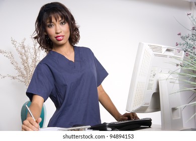 Pretty Health Worker Female Hospital Employee Working Patient Charts