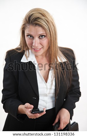 Pretty hispanic blond businesswoman in suit with phone