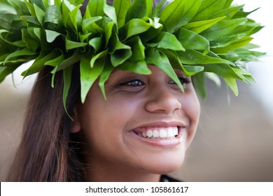 Pretty Hula Girl Wearing A Handmade Polynesian Head Piece