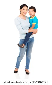 Pretty Indian Woman Holding Her Son On White Background