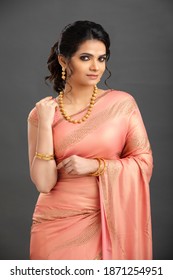 Pretty Indian Young Girl Dress Up Modern Saree For Festival.