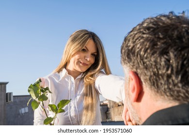 Pretty Lady Holding A Rose Extends Her Other Hand For The Gentleman To Kiss, POV Shot