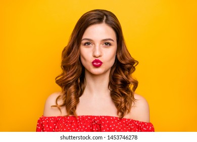 Pretty Lady Sending Boyfriend Air Kiss Perfect Pink Pomade Lips Wear Red Dress Isolated Yellow Background