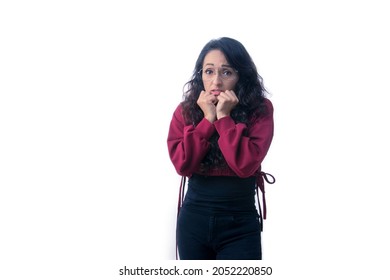 Pretty Latin Hispanic Woman With Long Thick Hair Wearing Glasses On White Background Indoors Making Expressions And Gestures, Embarrassed, Shy,scared, Stressed, Surprised, Covering Her Mouth With Both