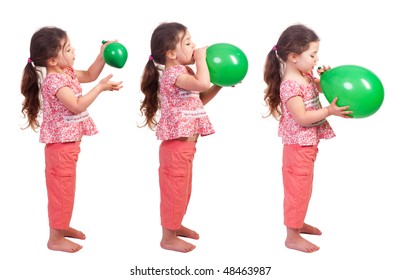 a pretty little girl blowing up a green balloon