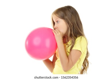 Pretty Little Girl Blowing Pink Balloon Stock Photo 1562354356 