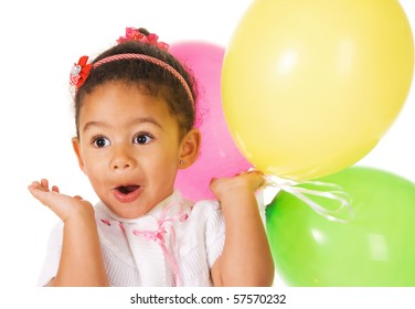 Pretty little girl with colorful balloons on white background