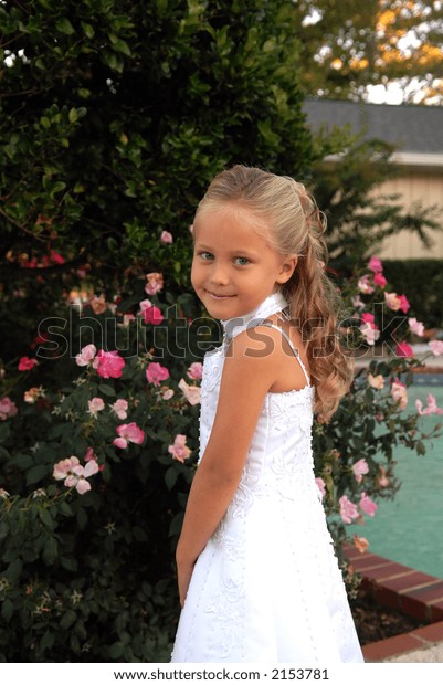 Pretty Little Girl Dressed Long White Stock Photo Edit Now 2153781