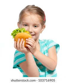 Pretty Little Girl Eating A Sandwich Isolated On White Background