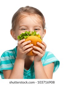 Pretty Little Girl Eating A Sandwich Isolated On White Background