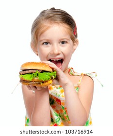 Pretty Little Girl Eating A Sandwich Isolated On White Background