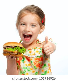 Pretty Little Girl Eating A Sandwich Isolated On White Background