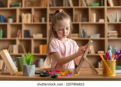 Pretty Little Girl Exercising With Alphabet Board, Making Words From Colorful Plastic Letters, Having Personal Class At Preschool Development Clinic