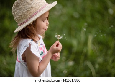 А pretty little girl on a straw hat is blowing on a dandelion. Dandelion fluff is flying. Summer sunny child is holding a flower.