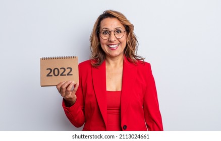 Pretty Middle Age Woman Looking Happy And Pleasantly Surprised. Calendar Concept